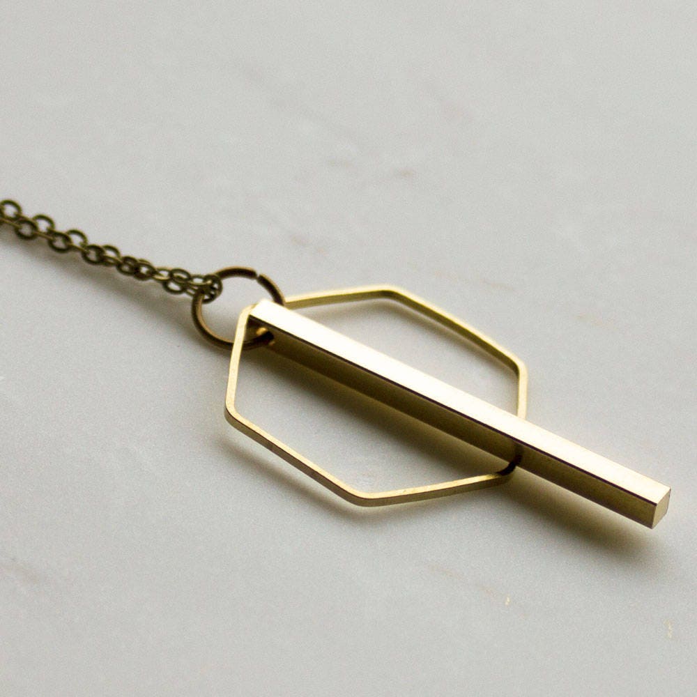 Hexagon and Gold Bar Necklace, gold bar necklace, gold geometric pendant necklace, long necklace, layering necklace, gift for her, Christmas