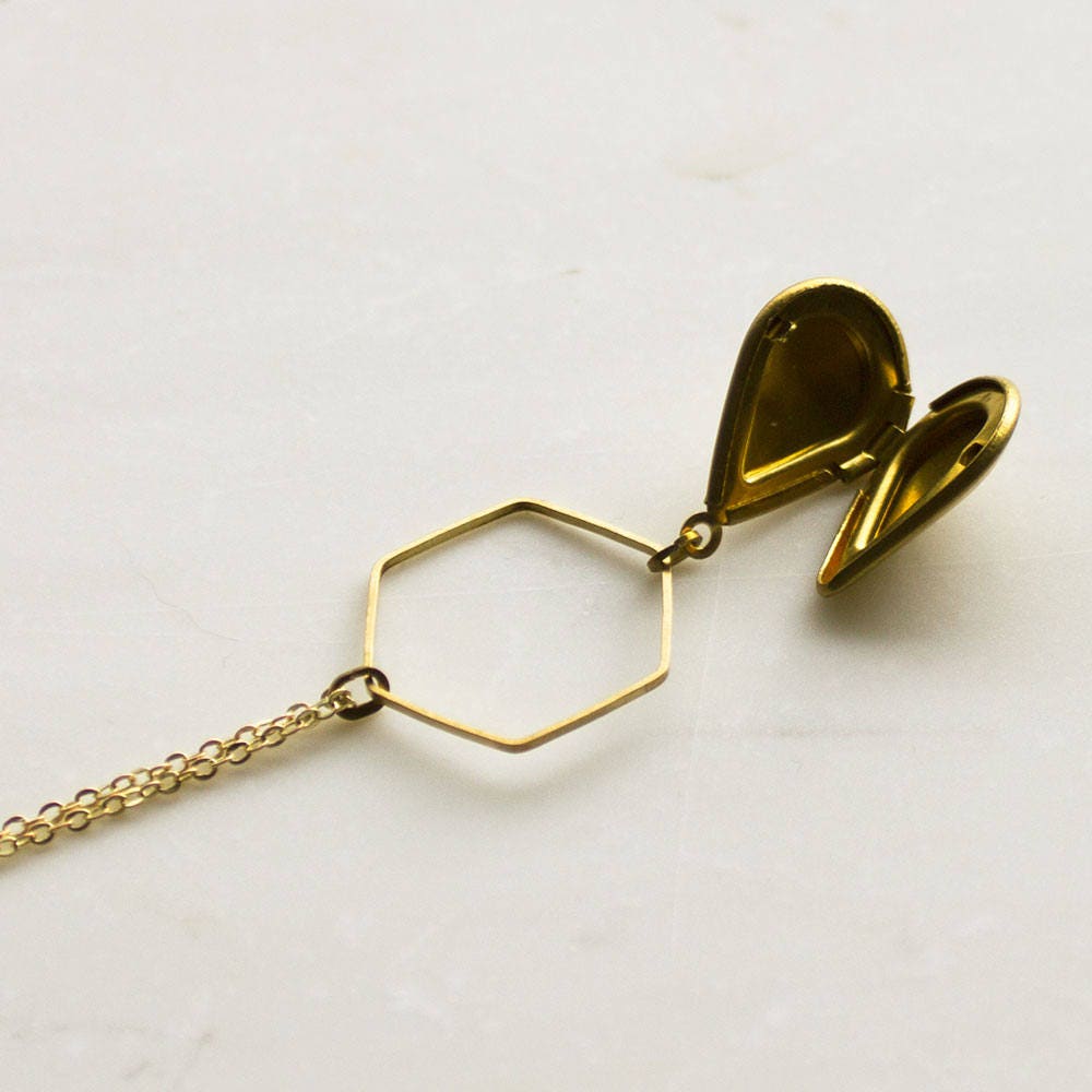 Hexagon gold locket, modern geometric locket, teardrop locket, honeycomb necklace, long necklace, keepsake necklace, gift for her, Christmas