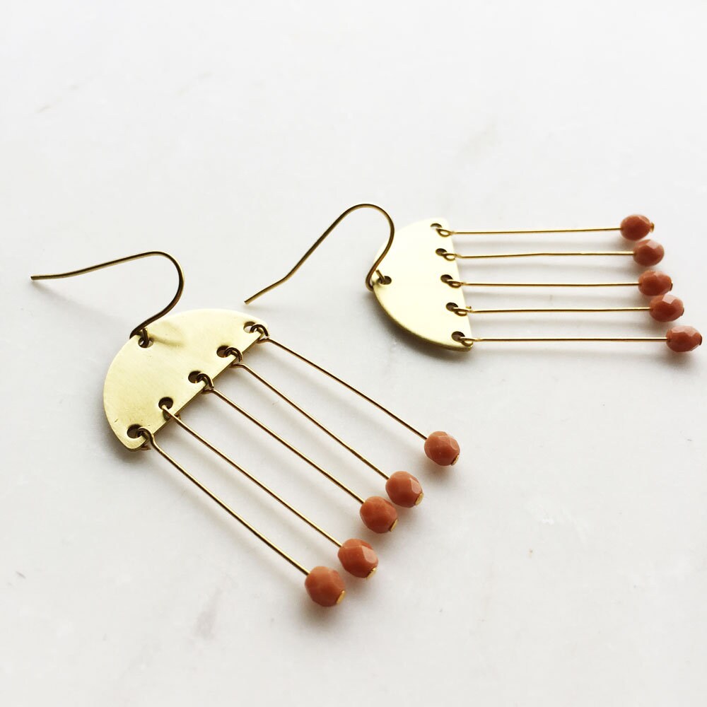 Gold Chandelier earrings, gold statement earrings, big earrings, brass earrings, gift for women, gift for her, bold earrings, pink earrings