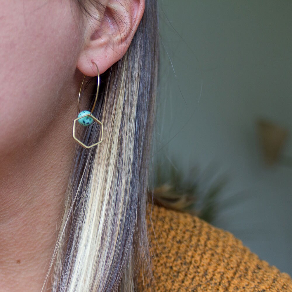 Unique hoop earrings, blue beaded earrings, statement hoops, gold hoop earrings, gold earrings, gift for her, blue stone