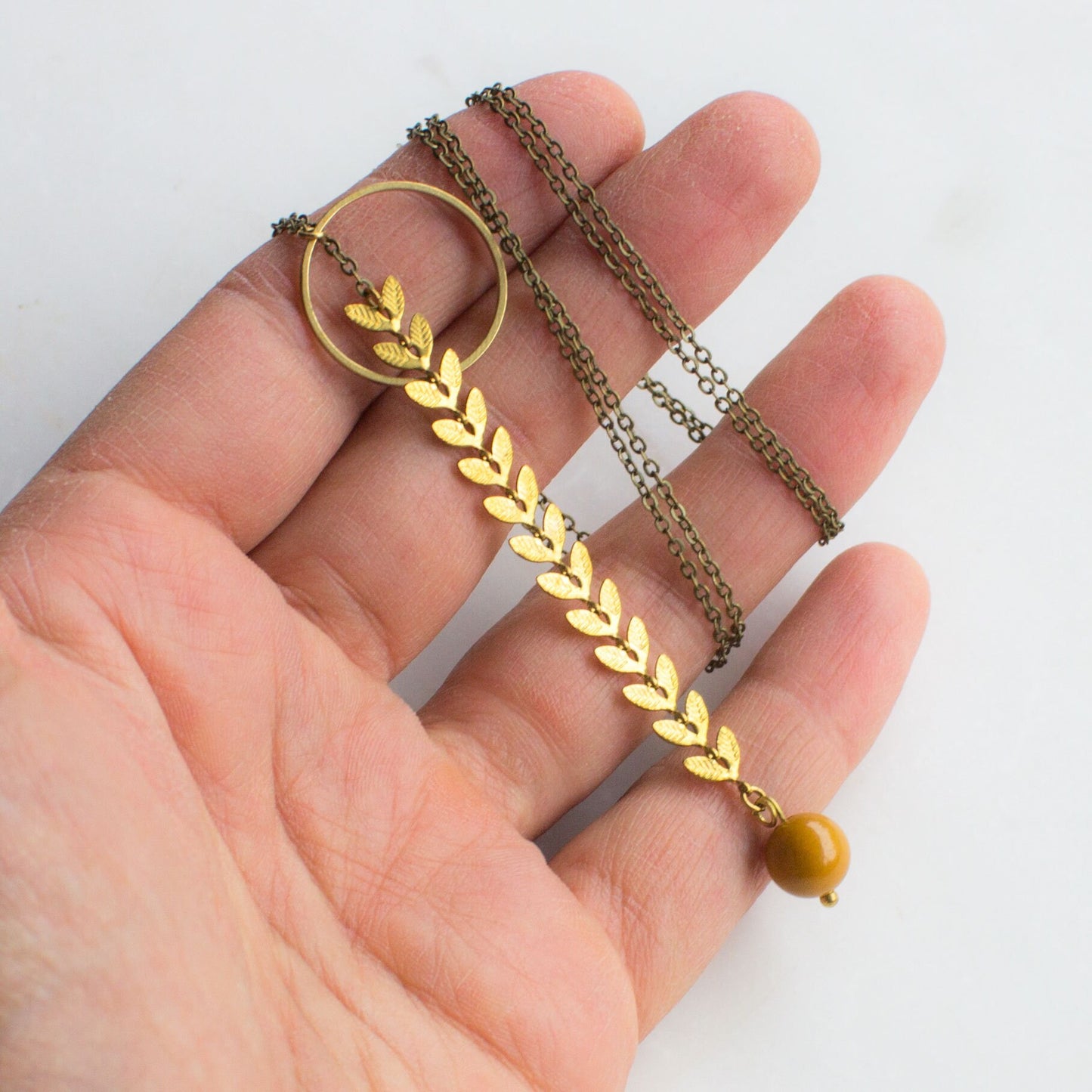 Gold Lariat Necklace with bead drop, long y necklace, gold leaf lariat necklace, long gold and yellow necklace