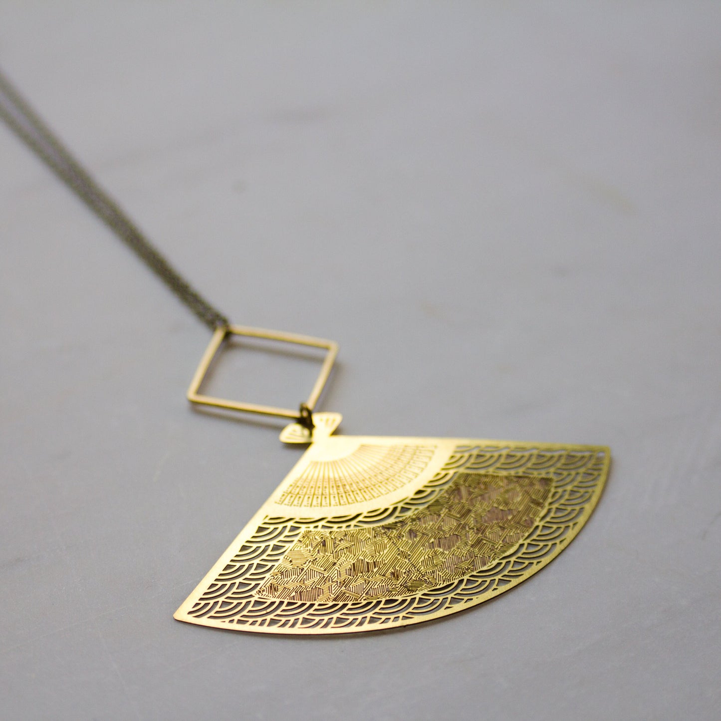 Japanese Fan Necklace, Long Boho Necklace, Brass Fan Necklace, Pink and Gold Pendant