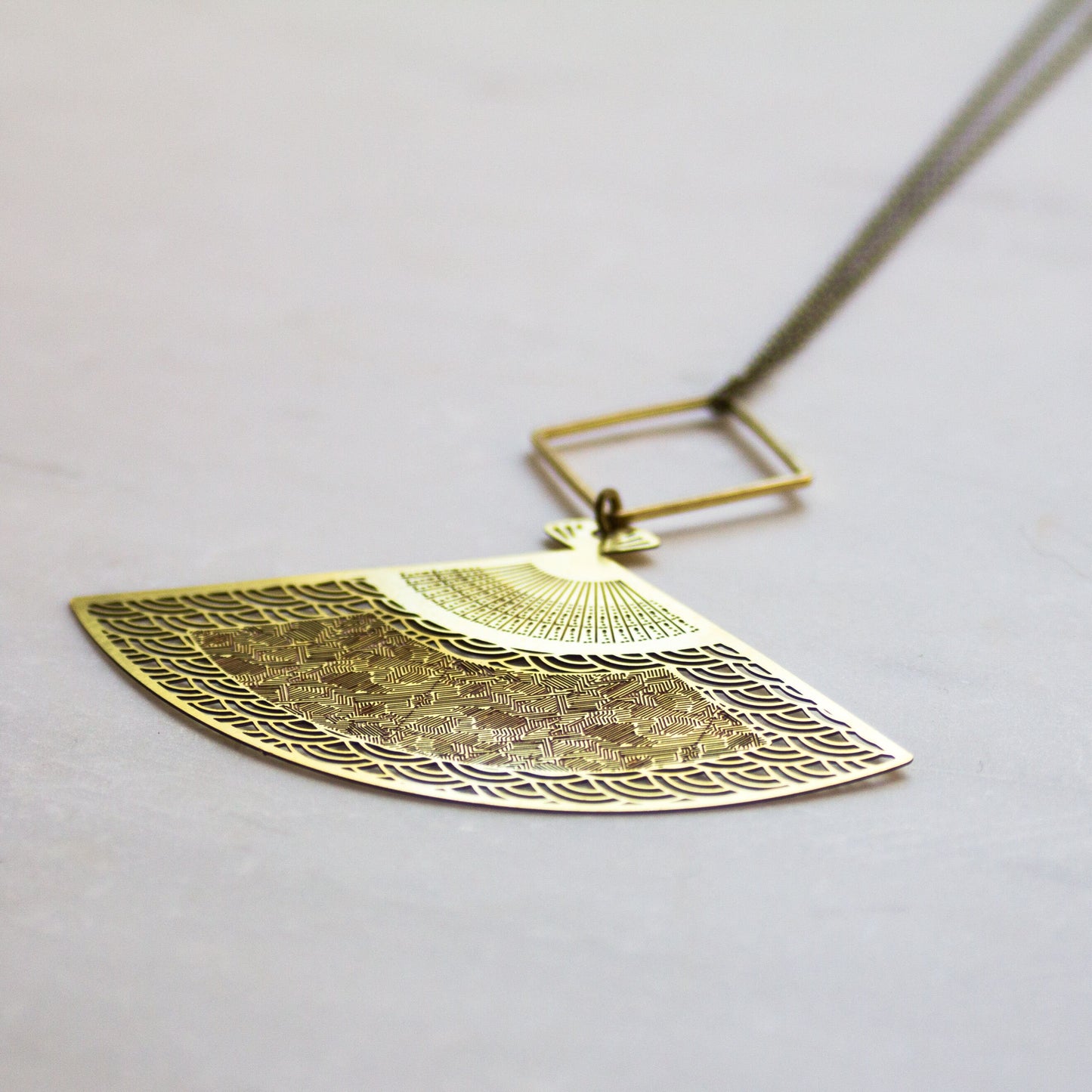 Japanese Fan Necklace, Long Boho Necklace, Brass Fan Necklace, Pink and Gold Pendant