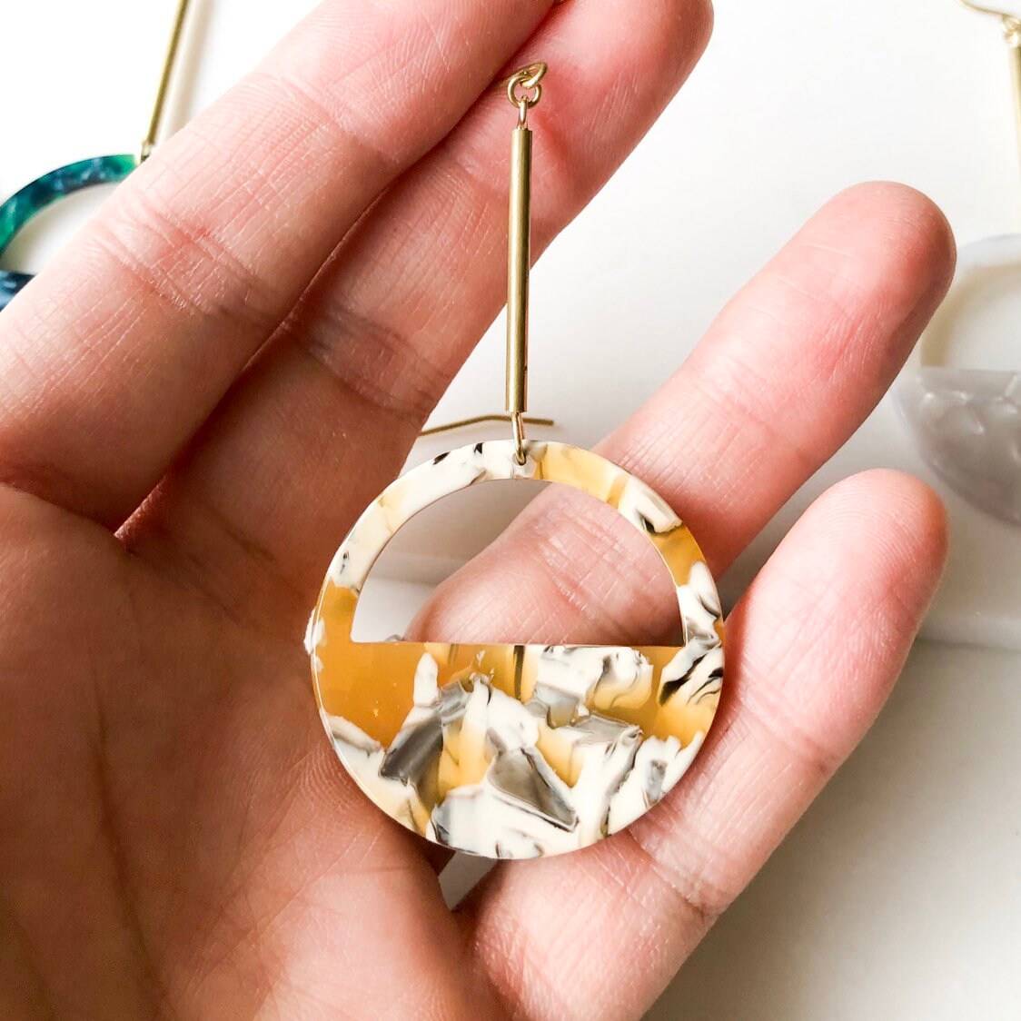 Long Statement Earrings, green earrings, yellow earrings, white and gold earrings, colourful statement earrings