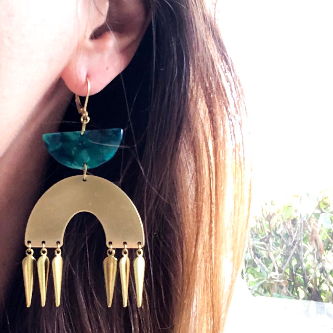 Bold Green and Gold Boho Earrings, Rainbow earrings, Green statement jewelry