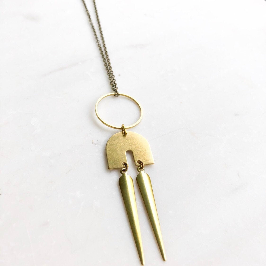 Long Brass Pendant Necklace, Long boho necklace, Spike pendant, U Shaped Pendant Necklace, Brass Arch Necklace