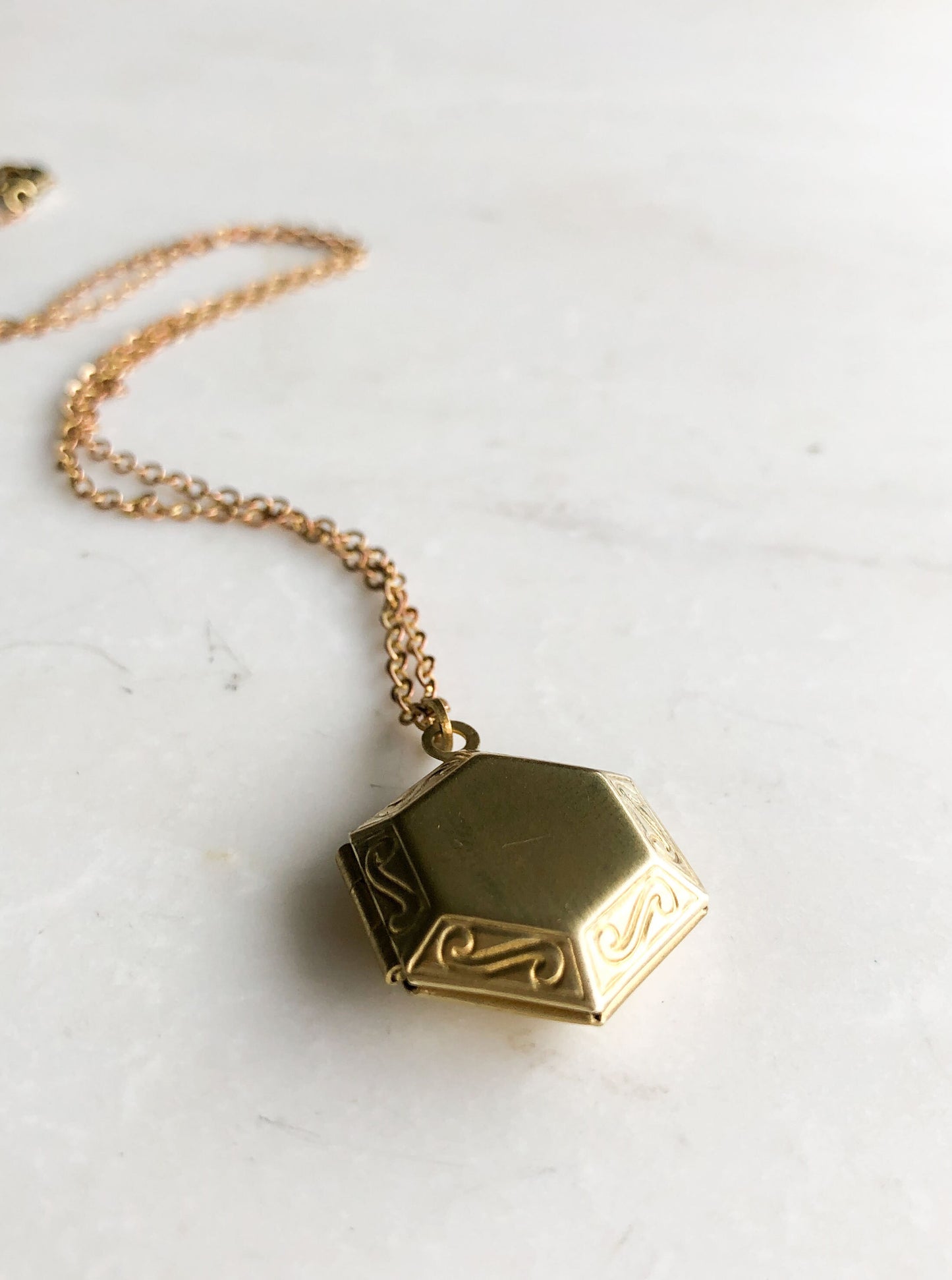 Gold hexagon locket, modern tiny locket, small photo locket, antique gold locket