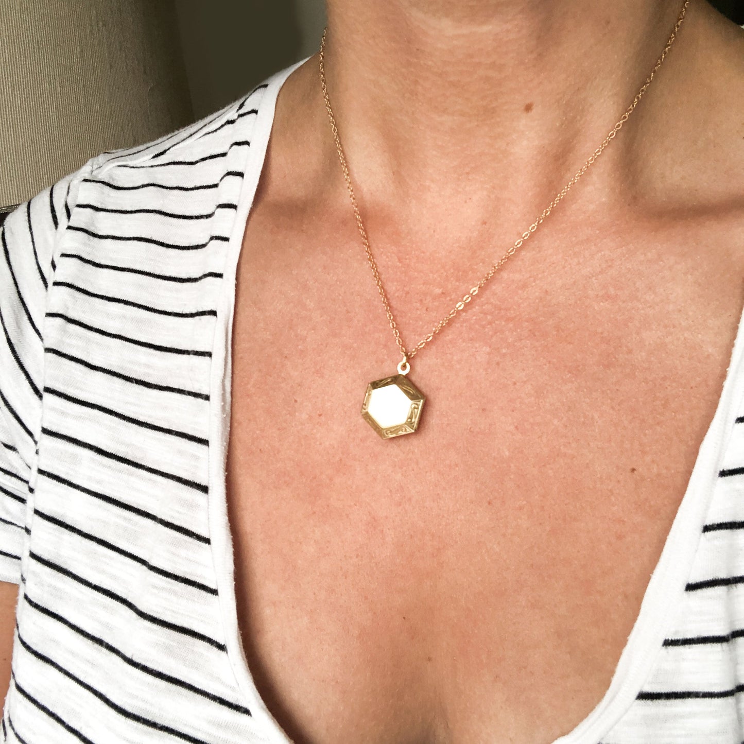 Gold hexagon locket, modern tiny locket, small photo locket, antique gold locket