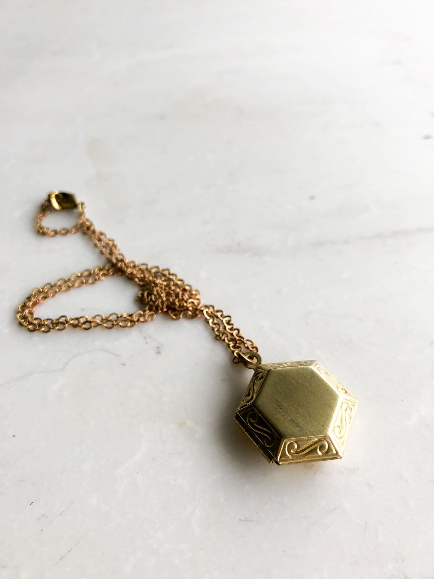Gold hexagon locket, modern tiny locket, small photo locket, antique gold locket