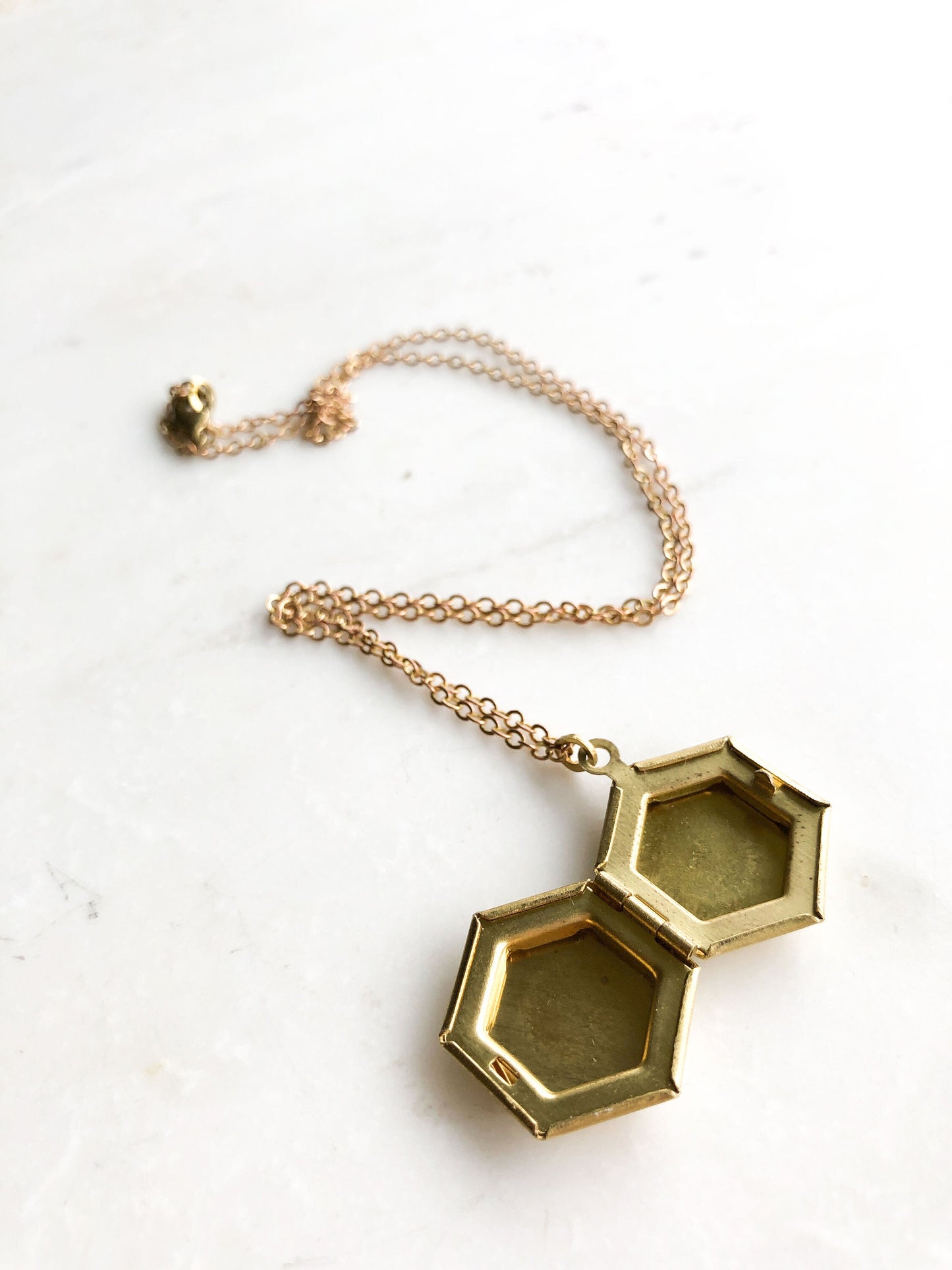 Gold hexagon locket, modern tiny locket, small photo locket, antique gold locket
