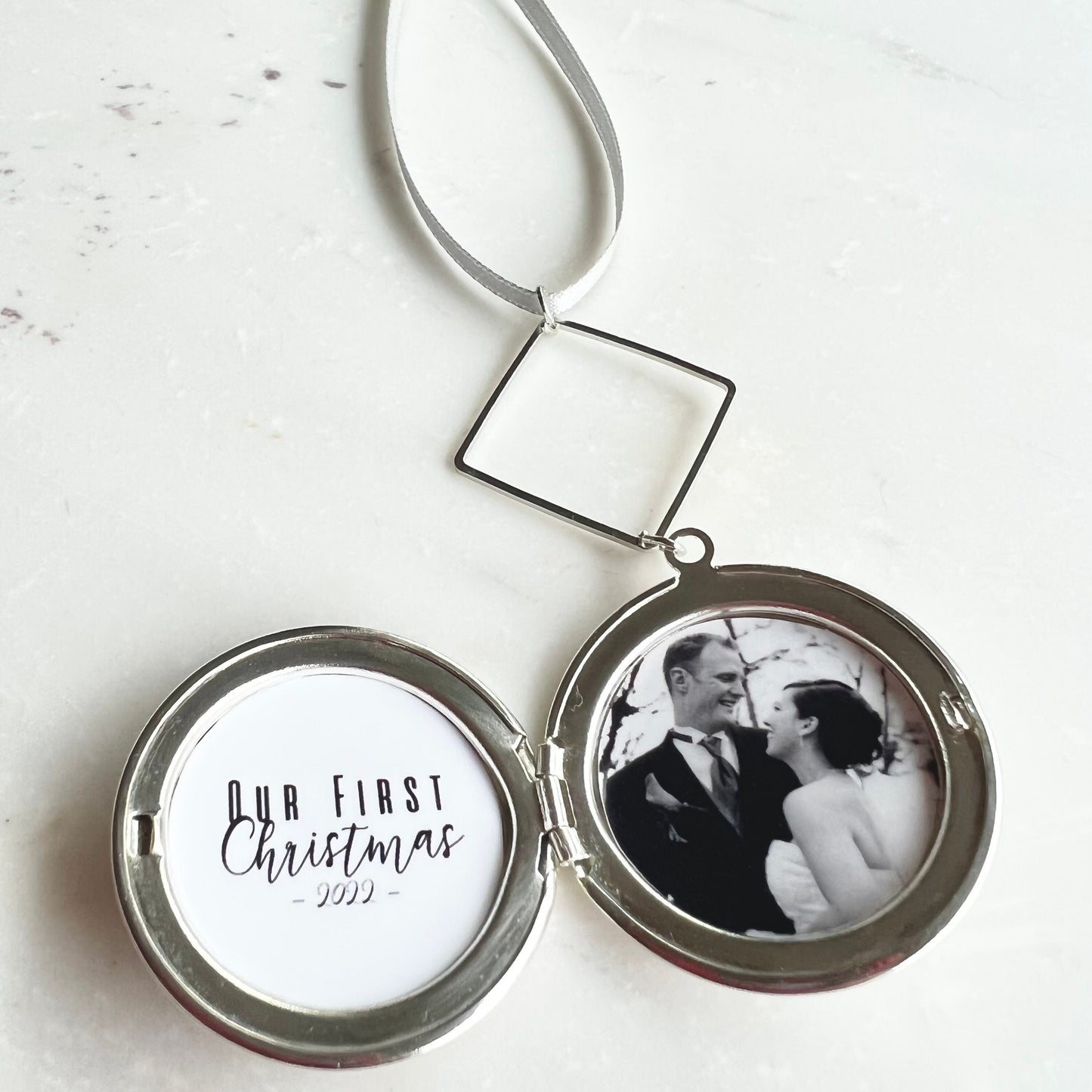 Custom Christmas ornament, marriage ornament, silver locket ornament, photo ornament, family christmas