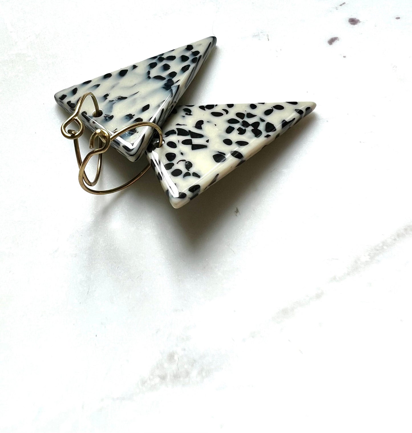 Black and white earrings, triangle hoop earrings, polka dot earrings, gold hoop earrings, unique earrings