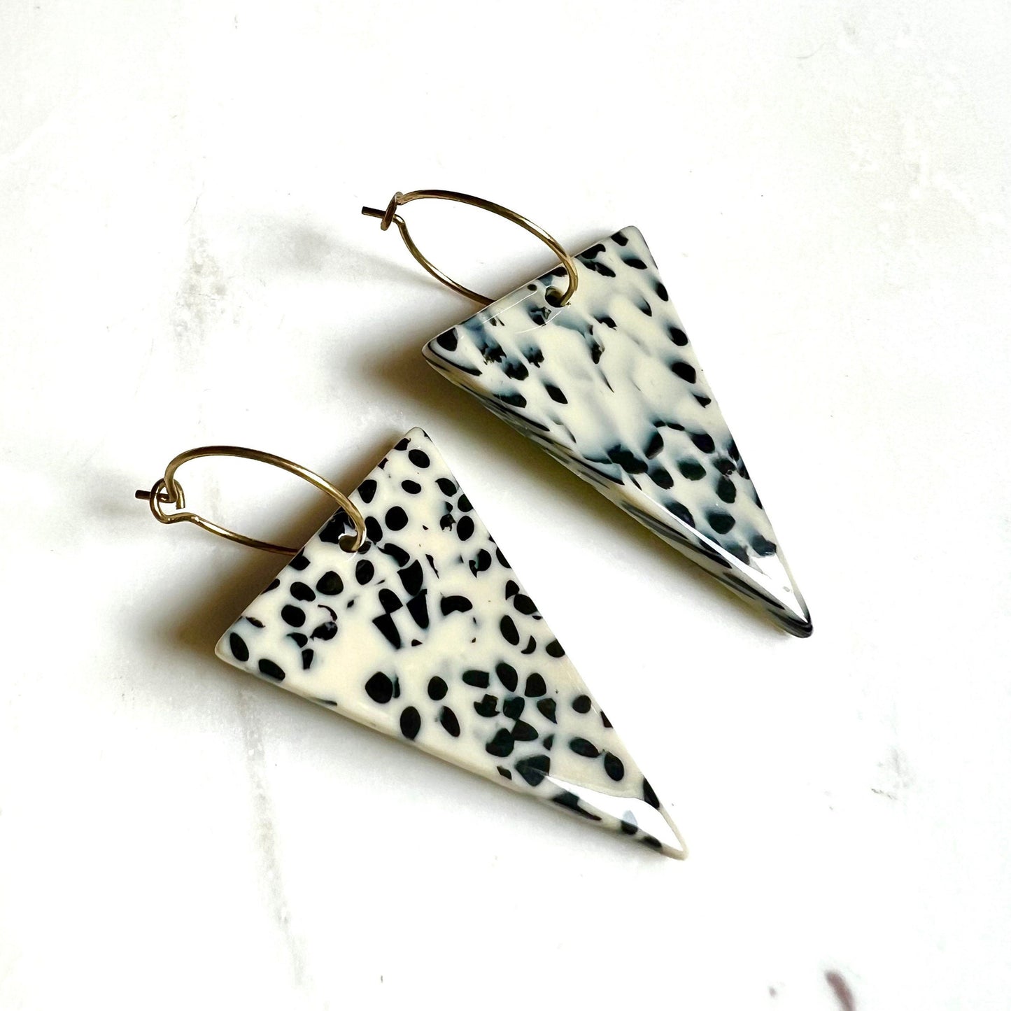 Black and white earrings, triangle hoop earrings, polka dot earrings, gold hoop earrings, unique earrings