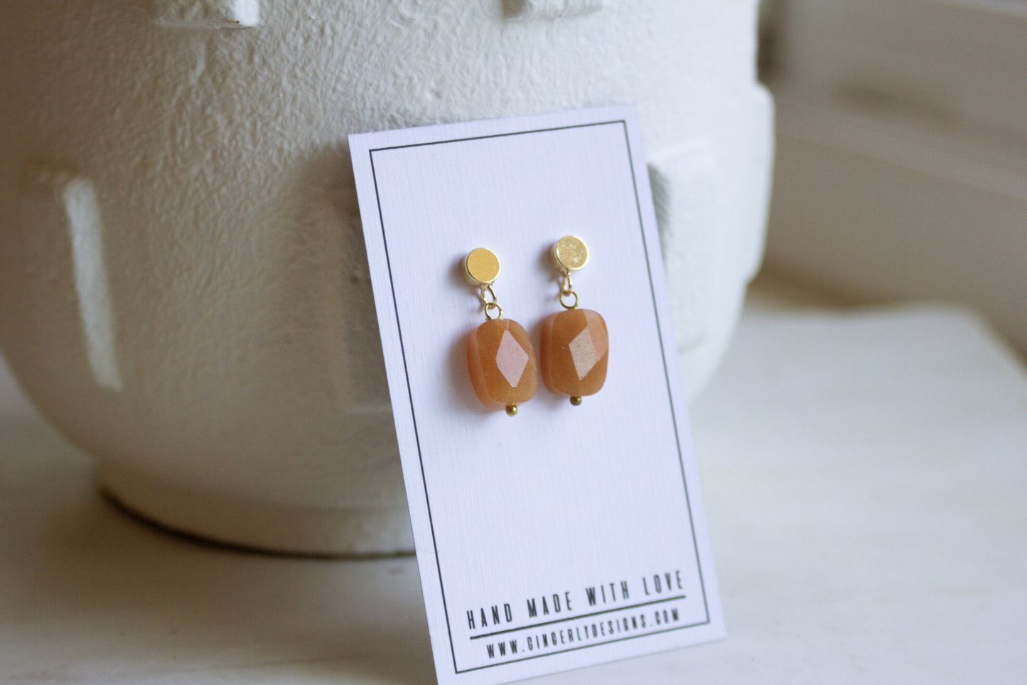 Orange stone drop earrings, faceted orange rectangle earrings, gold stud earrings, unique gift for her earrings