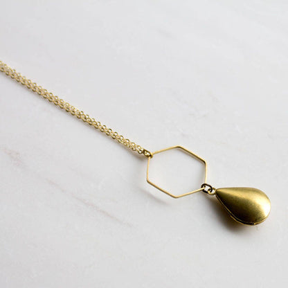 Hexagon gold locket, modern geometric locket, teardrop locket, honeycomb necklace, long necklace, keepsake necklace, gift for her, Christmas