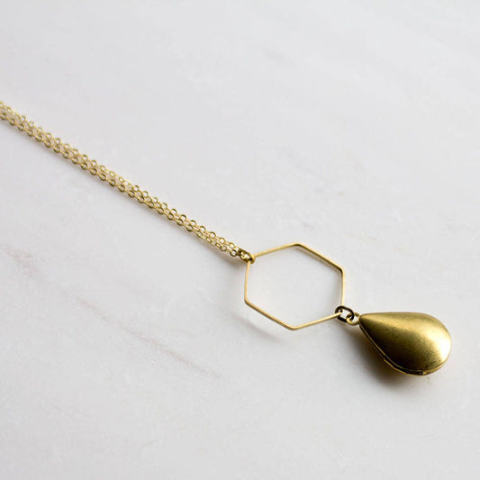 Hexagon gold locket, modern geometric locket, teardrop locket, honeycomb necklace, long necklace, keepsake necklace, gift for her, Christmas