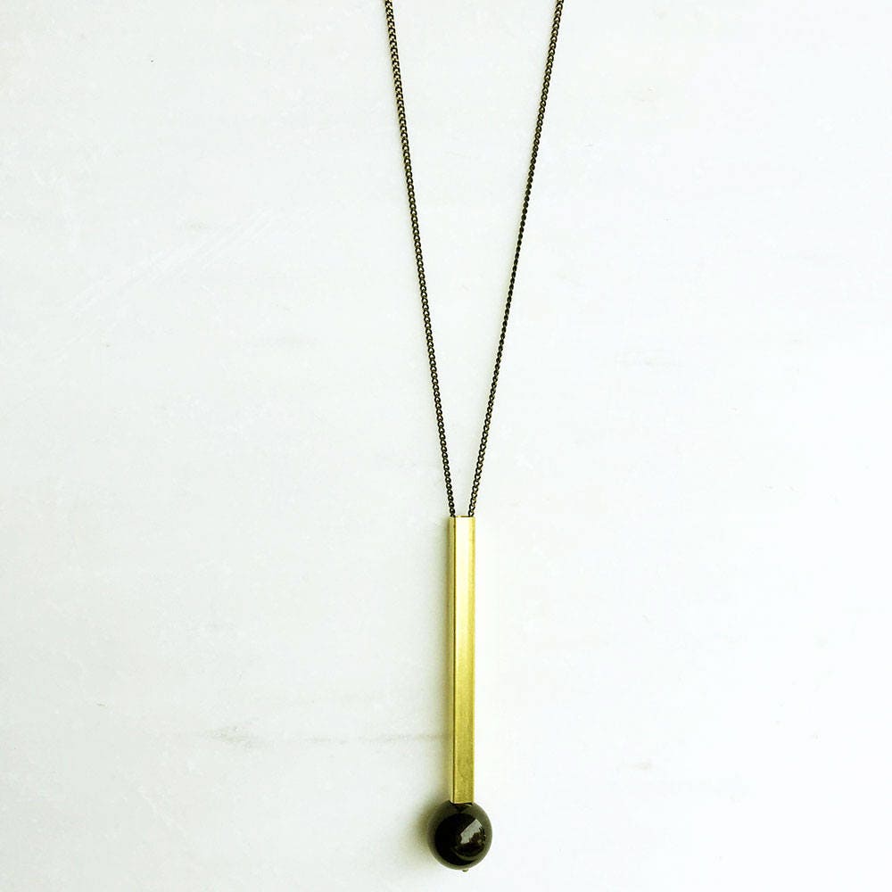 Gold Bar and Onyx Necklace, Black gold statement jewelry