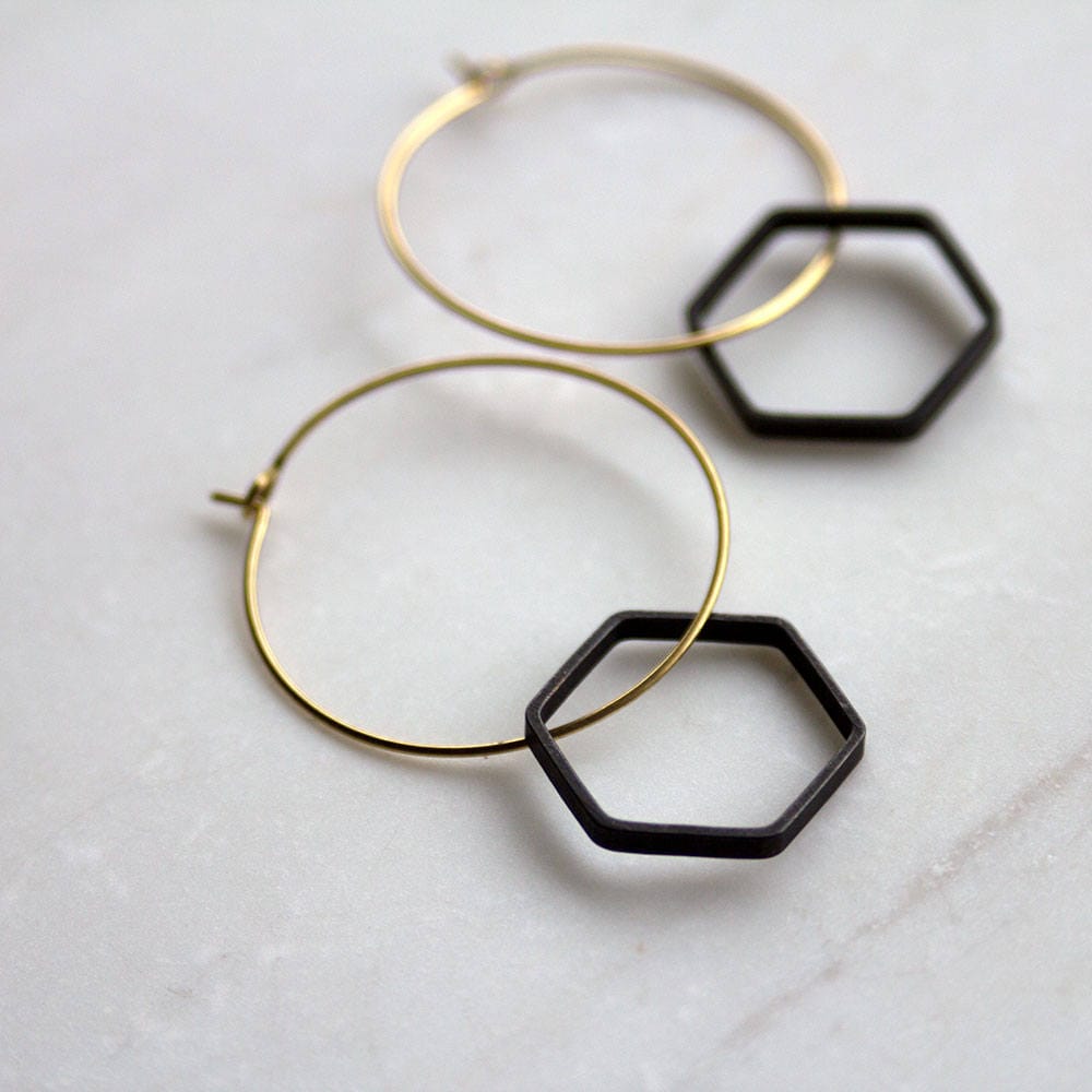 Minimalist Black and Gold Earrings, Modern Hoop with Hexagon, Honeycomb earrings