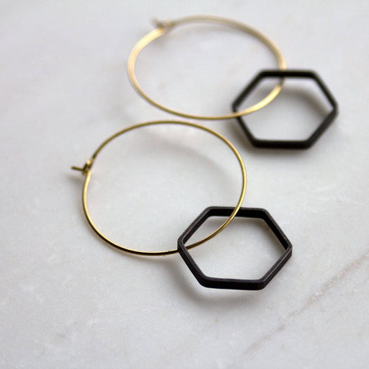 Minimalist Black and Gold Earrings, Modern Hoop with Hexagon, Honeycomb earrings