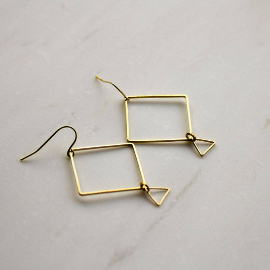 Diamond and Triangle Geometric Earrings, Gold Minimalist Earrings, Modern drop earrings, Mother's Day gift, square earrings, everyday wear