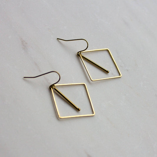 Gold Geometric Diamond Earrings, Gold dangle earrings, Minimalist Earrings, Gift for Mom, square Earrings