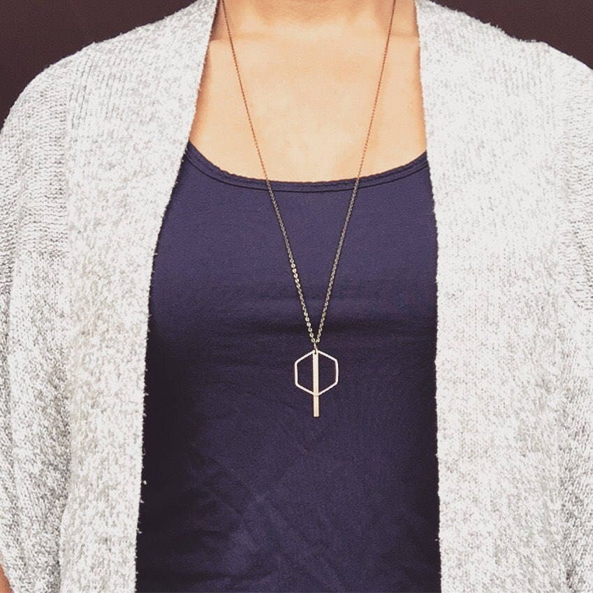 Hexagon and Gold Bar Necklace, gold bar necklace, gold geometric pendant necklace, long necklace, layering necklace, gift for her, Christmas