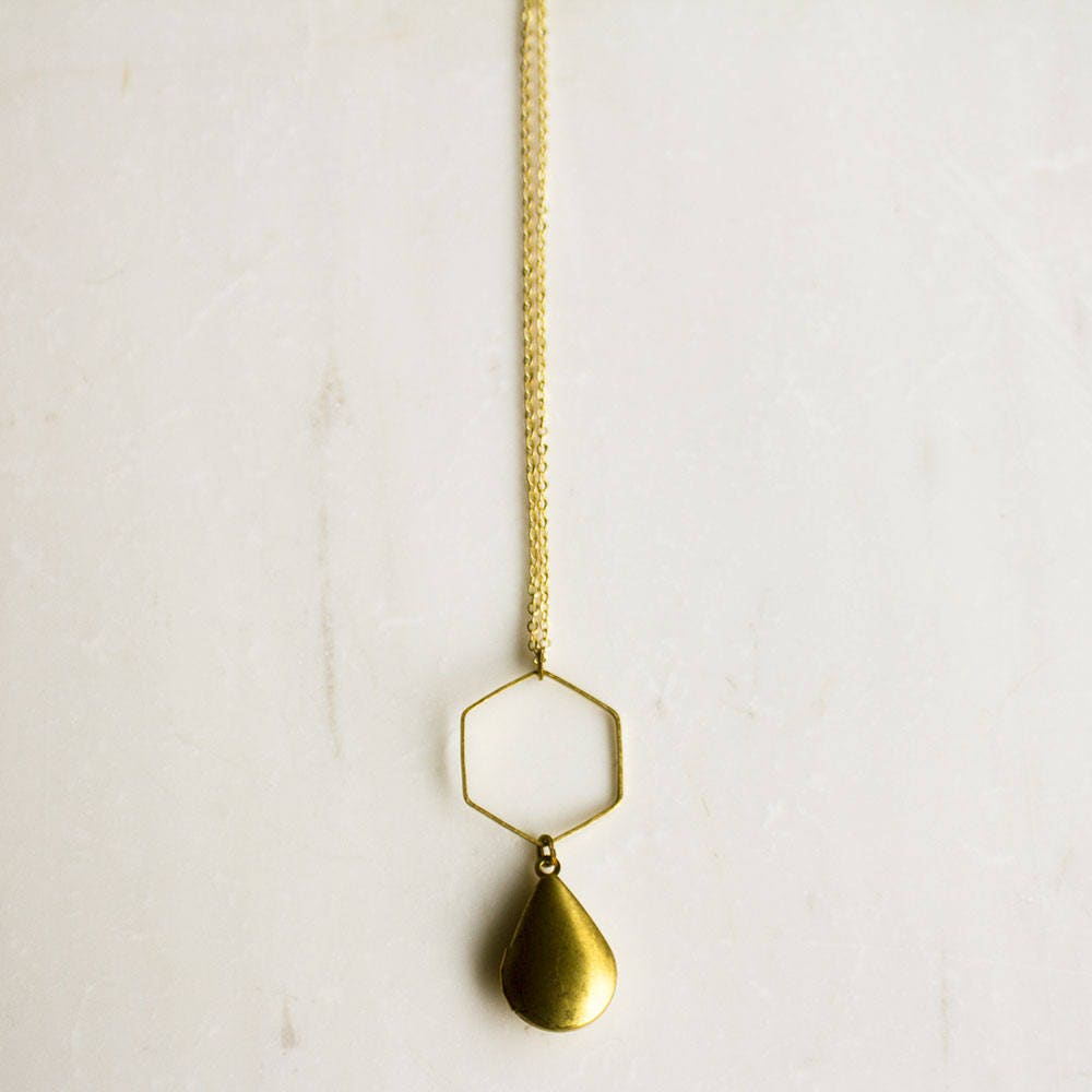 Hexagon gold locket, modern geometric locket, teardrop locket, honeycomb necklace, long necklace, keepsake necklace, gift for her, Christmas