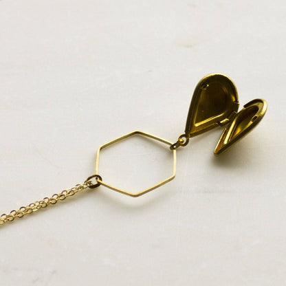 Hexagon gold locket, modern geometric locket, teardrop locket, honeycomb necklace, long necklace, keepsake necklace, gift for her, Christmas