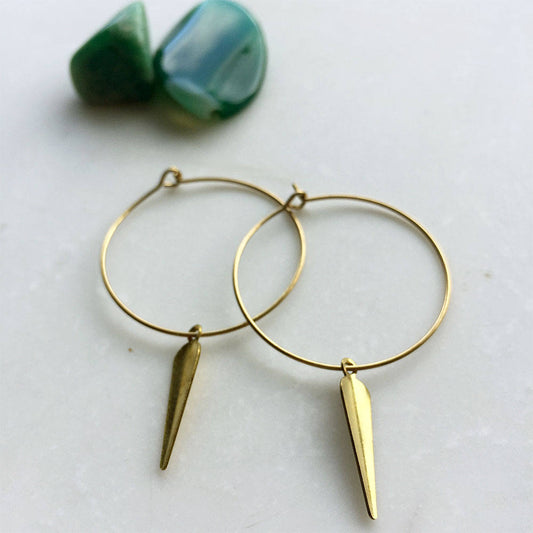 Gold Hoop Earrings with Brass Spike spear, tribal earrings, gold hoop earrings, boho earrings, bridesmaid earrings, minimalist hoop