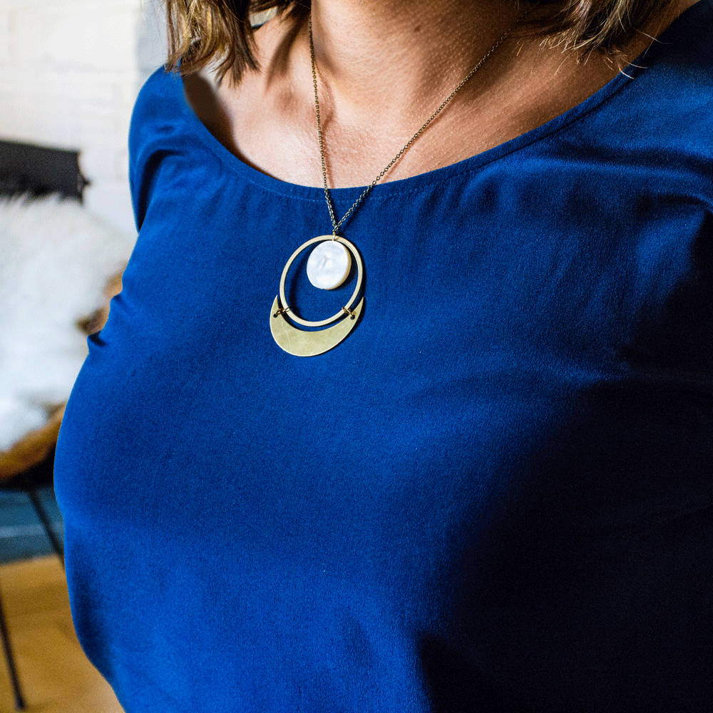 Crescent moon and mother of pearl statement necklace, statement necklace, moon necklace, mother of pearl gold necklace, gift for her
