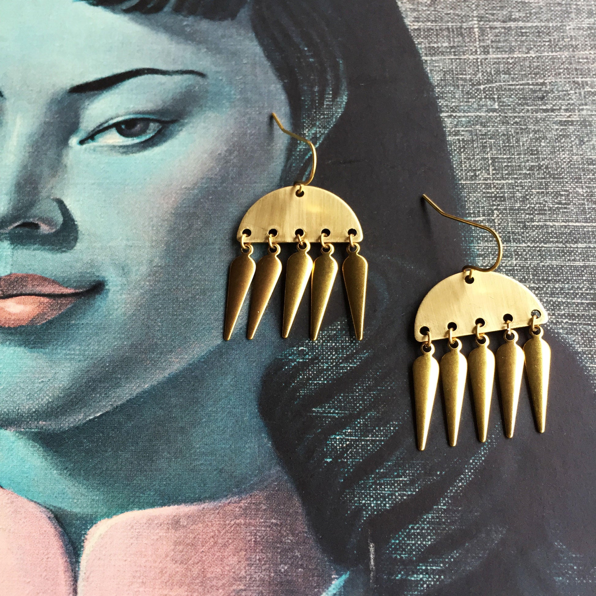 Gold Spike Statement Earrings, Brass earrings, tribal earrings, gold drop earrings, boho earrings, long gold earrings, arrow earrings