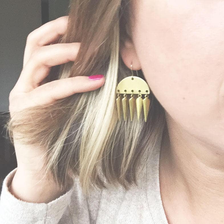 Gold Spike Statement Earrings, Brass earrings, tribal earrings, gold drop earrings, boho earrings, long gold earrings, arrow earrings