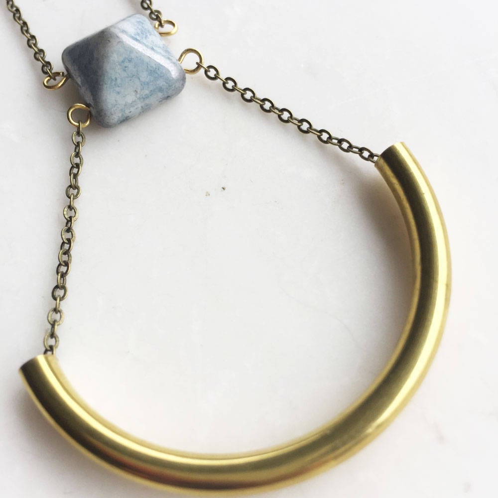 Blue and Gold Crescent Necklace, long boho necklace, blue bead necklace, long gold necklace, minimalist necklace, gift for her, statement