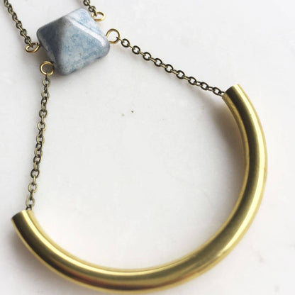 Blue and Gold Crescent Necklace, long boho necklace, blue bead necklace, long gold necklace, minimalist necklace, gift for her, statement
