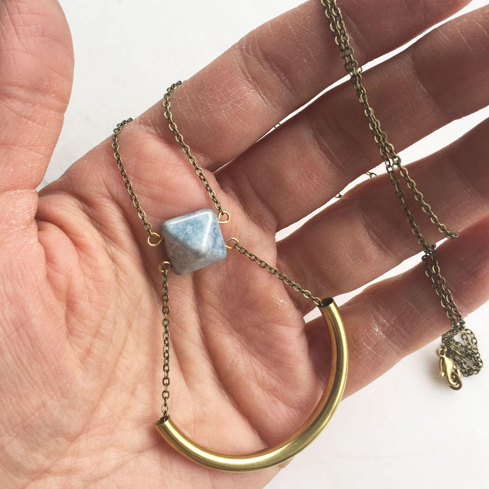 Blue and Gold Crescent Necklace, long boho necklace, blue bead necklace, long gold necklace, minimalist necklace, gift for her, statement