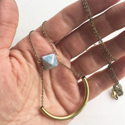 Blue and Gold Crescent Necklace, long boho necklace, blue bead necklace, long gold necklace, minimalist necklace, gift for her, statement