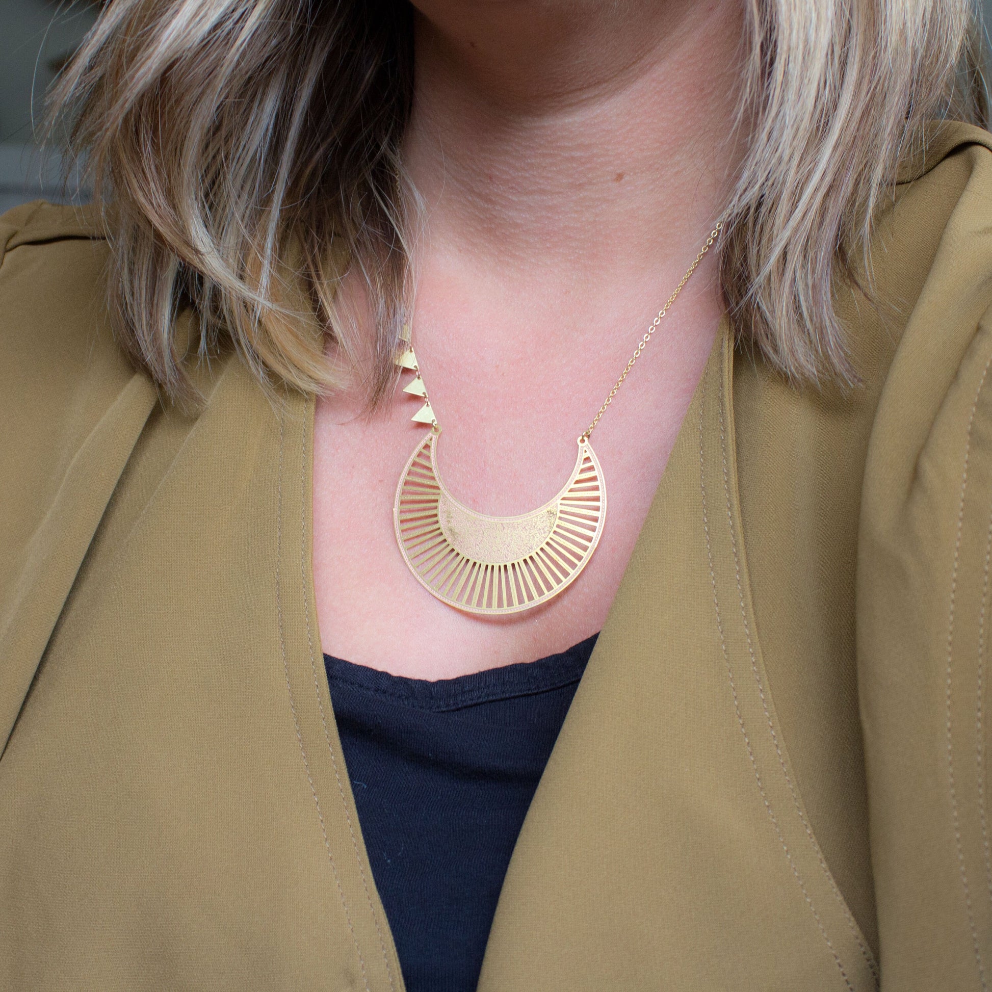 Crescent Moon Necklace, ethnic jewelry, statement necklace, boho necklace, gold moon necklace, unique gift for her, gold triangle necklace