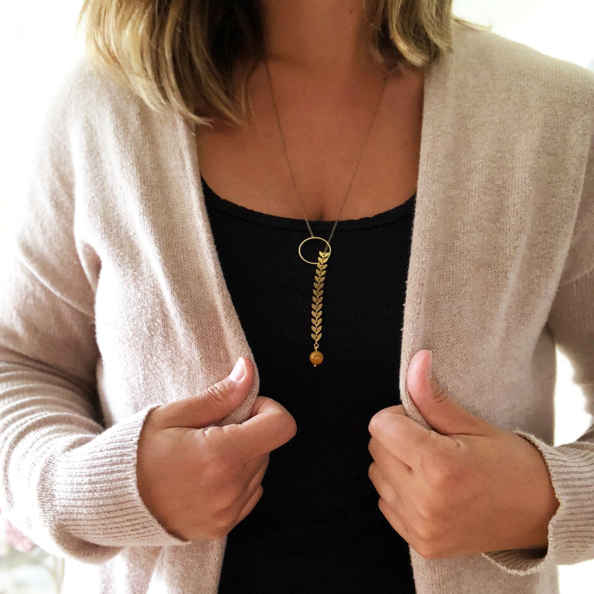 Gold Lariat Necklace with bead drop, long y necklace, gold leaf lariat necklace, long gold and yellow necklace