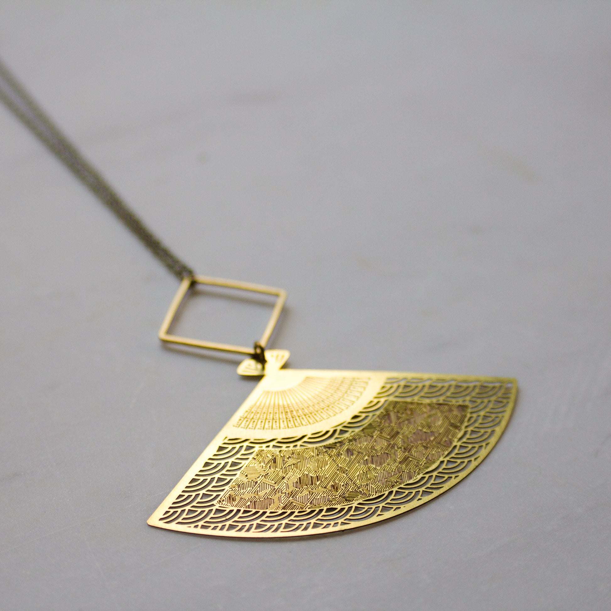 Japanese Fan Necklace, Long Boho Necklace, Brass Fan Necklace, Pink and Gold Pendant