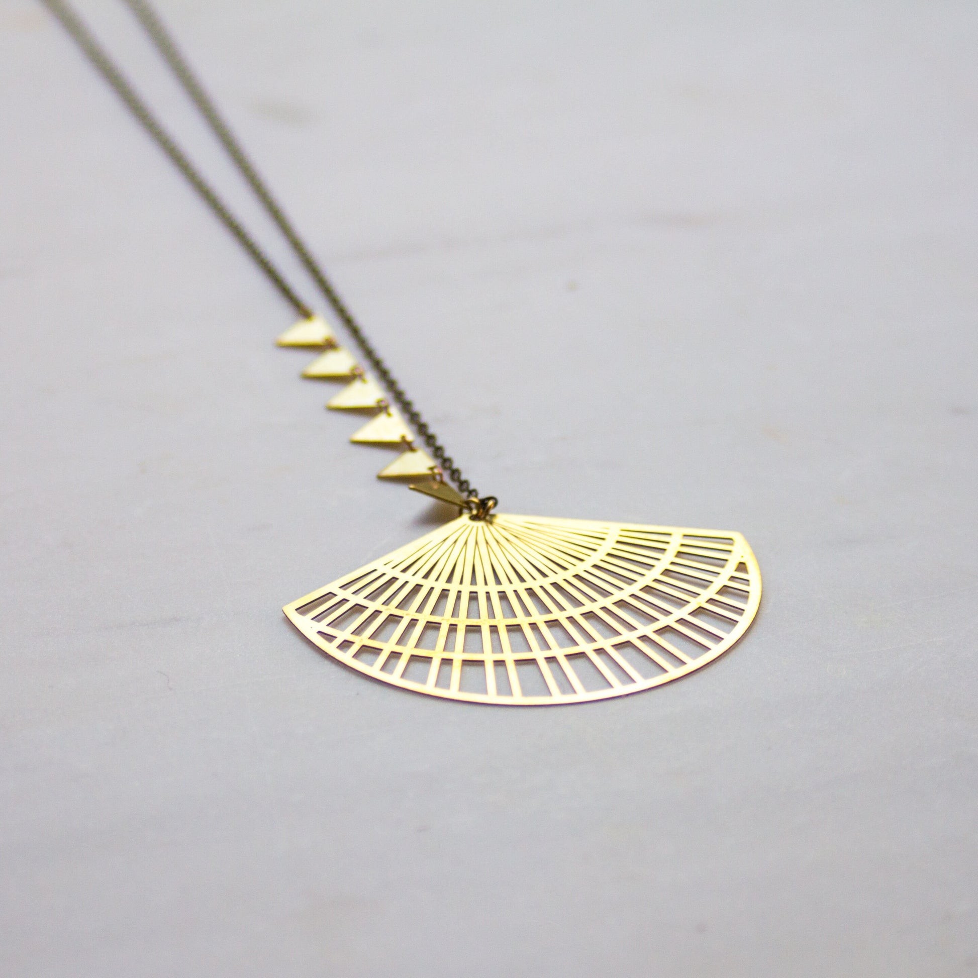 Gold triangle pendant necklace, asymmetrical jewelry, boho fan necklace