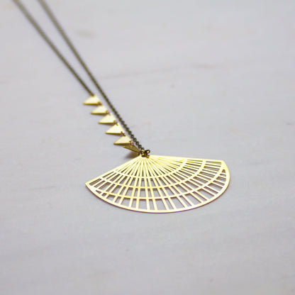 Gold triangle pendant necklace, asymmetrical jewelry, boho fan necklace