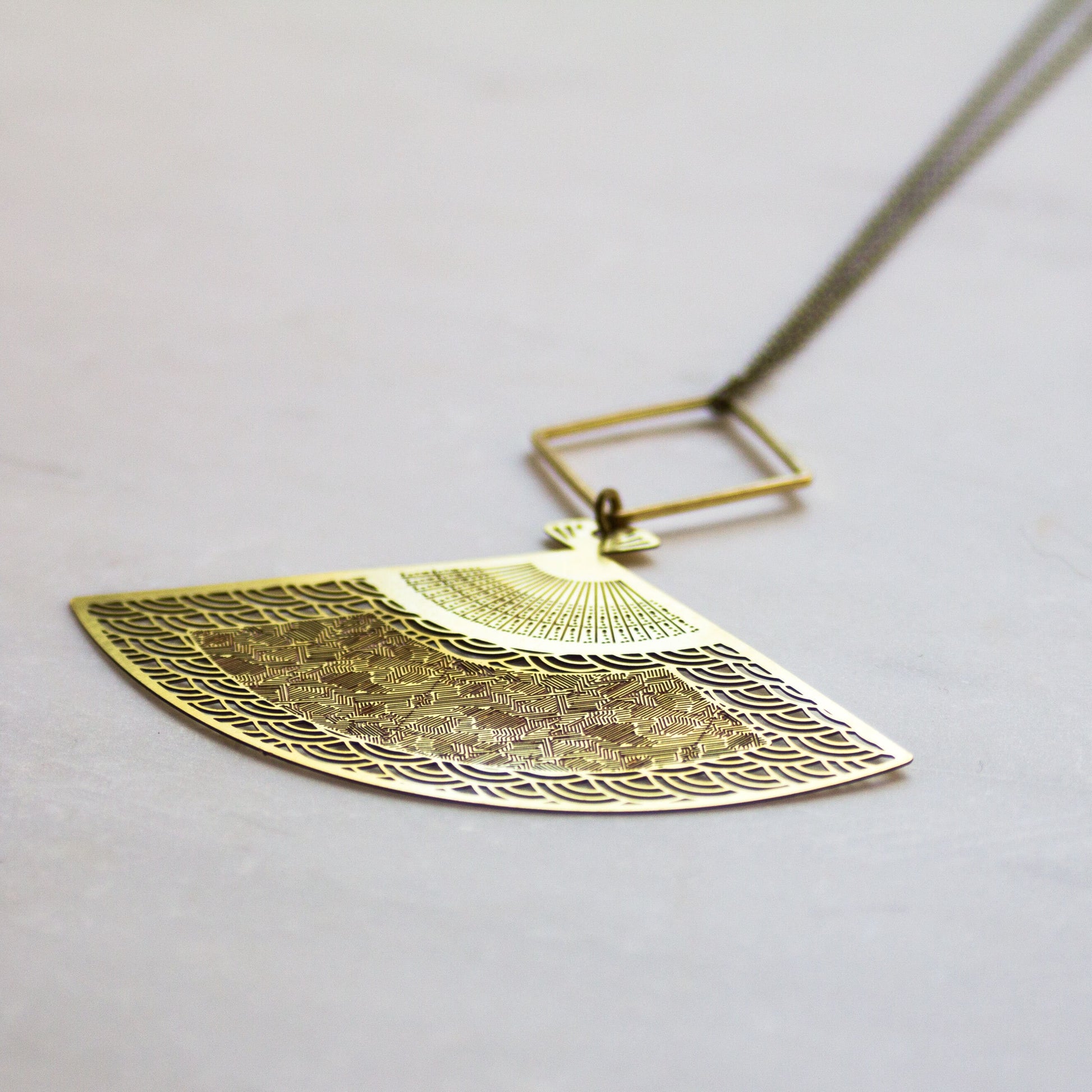 Japanese Fan Necklace, Long Boho Necklace, Brass Fan Necklace, Pink and Gold Pendant