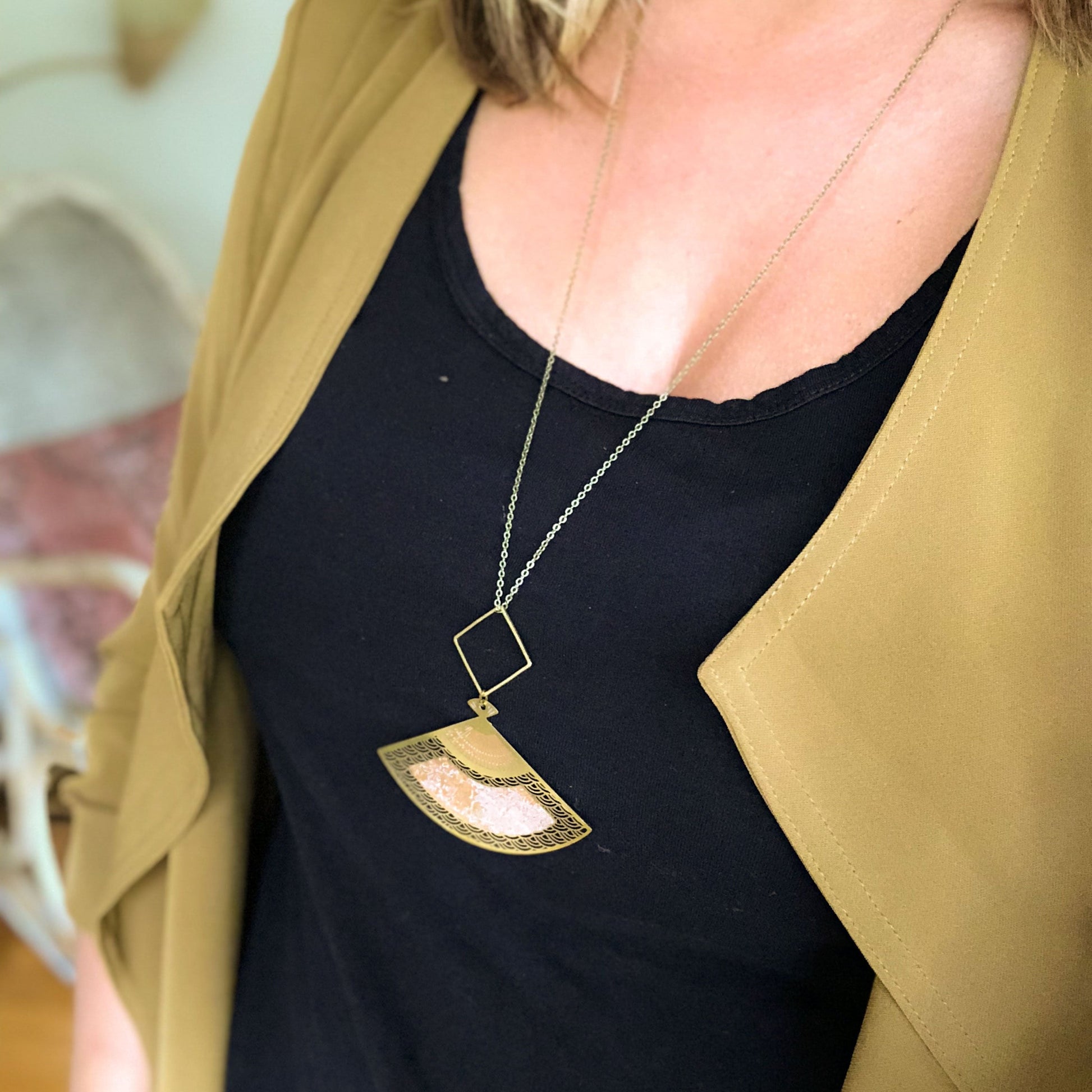 Japanese Fan Necklace, Long Boho Necklace, Brass Fan Necklace, Pink and Gold Pendant