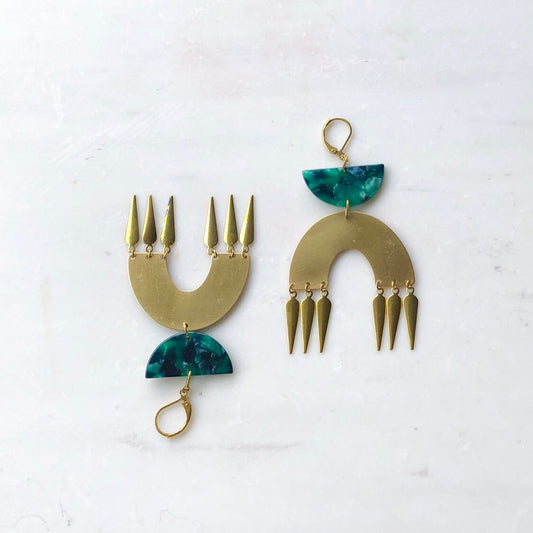 Bold Green and Gold Boho Earrings, Rainbow earrings, Green statement jewelry