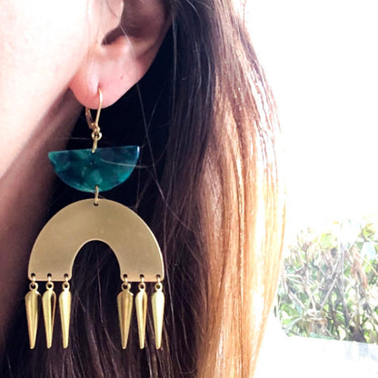 Bold Green and Gold Boho Earrings, Rainbow earrings, Green statement jewelry