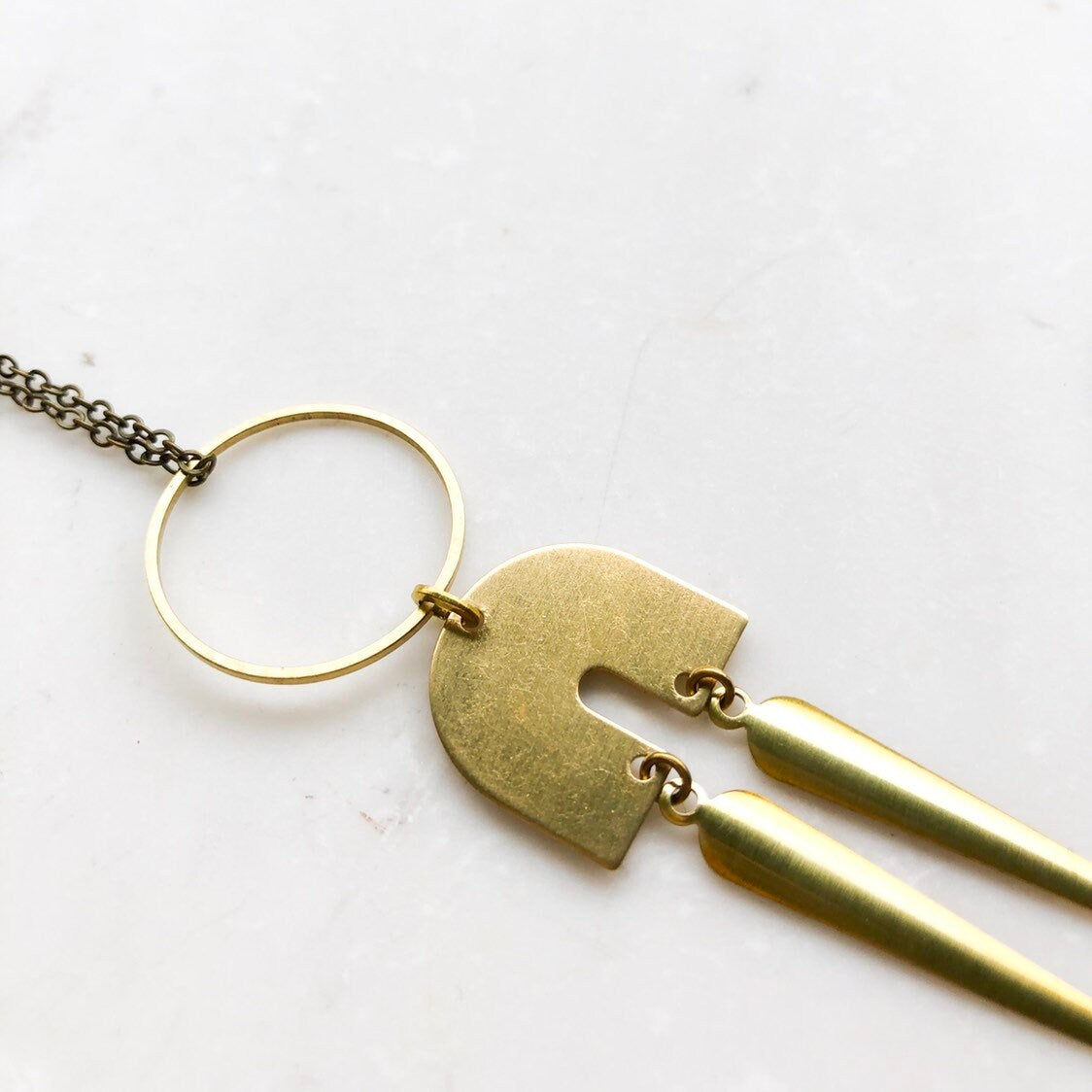 Long Brass Pendant Necklace, Long boho necklace, Spike pendant, U Shaped Pendant Necklace, Brass Arch Necklace