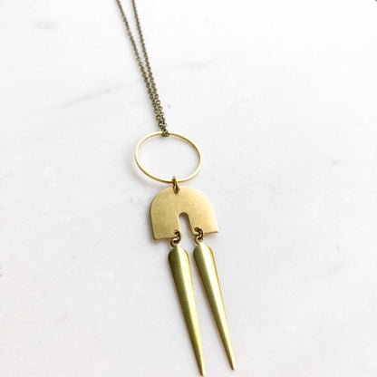 Long Brass Pendant Necklace, Long boho necklace, Spike pendant, U Shaped Pendant Necklace, Brass Arch Necklace