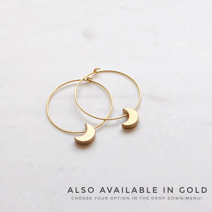Silver Crescent Moon Hoop Earrings, Celestial jewelry, gold earrings, moon jewelry
