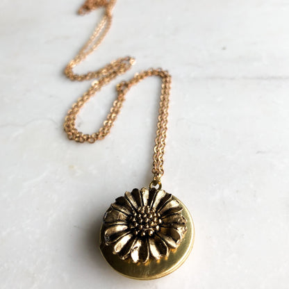 Sunflower necklace, delicate locket necklace, flower pendant, hippy necklace