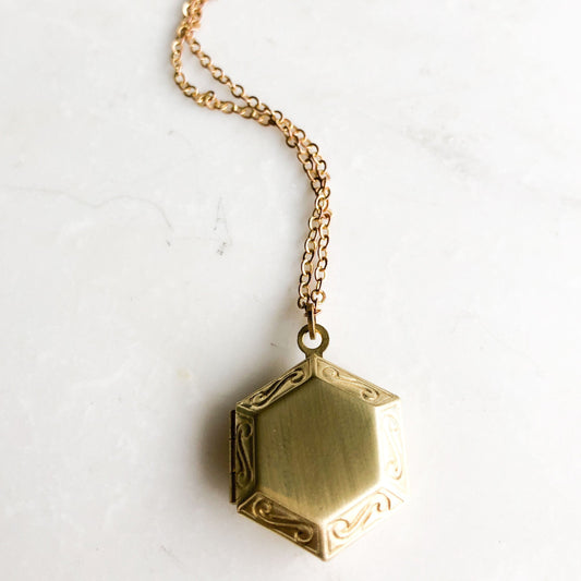 Gold hexagon locket, modern tiny locket, small photo locket, antique gold locket
